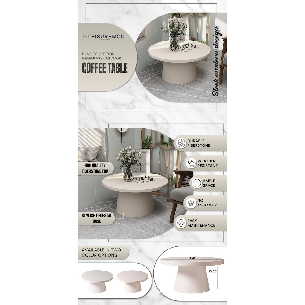 Dune Collection Fiberglass Outdoor Coffee Table In Grey