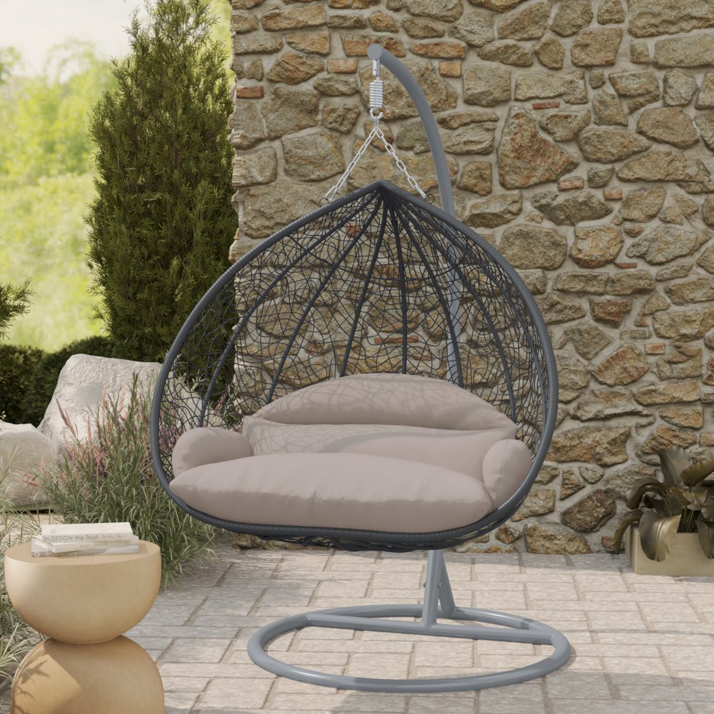 Recluse Collection Modern Outdoor Swing Chair Grey Frame with ES57 Beige Cushion