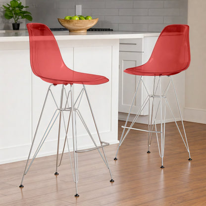 Cresco Modern Acrylic Barstool with Chrome Base and Footrest in Transparent Red