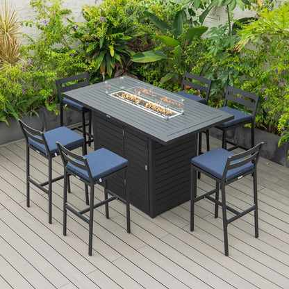 Chelsea Collection Modern Aluminum Outdoor Bar Chair in black with Blue Cushions