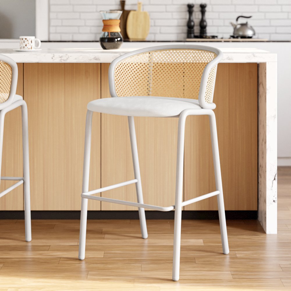 Ervilla Mid-Century Modern Wicker Bar Stool in White