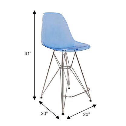 Cresco Modern Acrylic Barstool with Chrome Base and Footrest in Transparent Blue