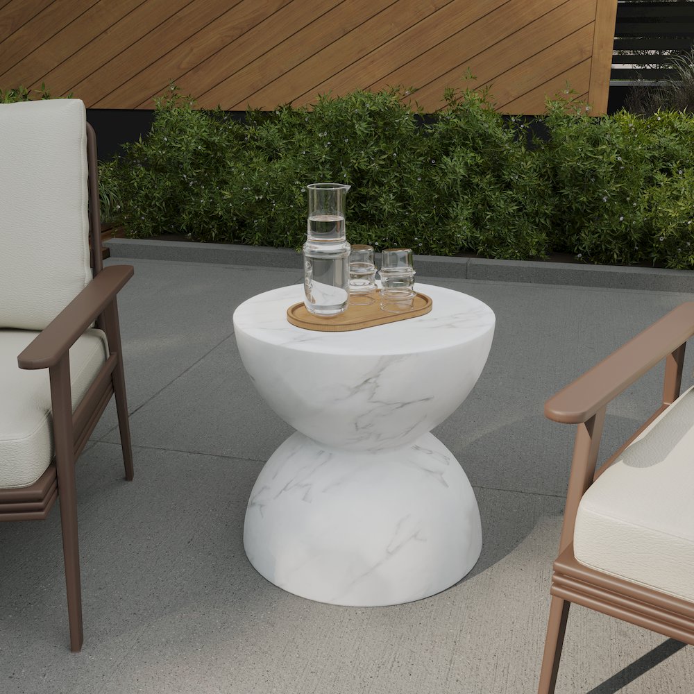 Sage Collection Fiberglass Outdoor Side Table in Marbled White
