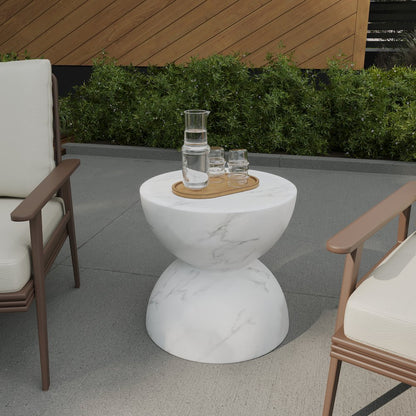 Sage Collection Fiberglass Outdoor Side Table in Marbled White
