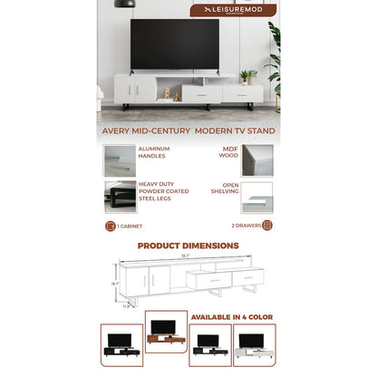 Avery Mid-Century Modern TV Stand with MDF Cabinet and Powder Coated Steel Legs