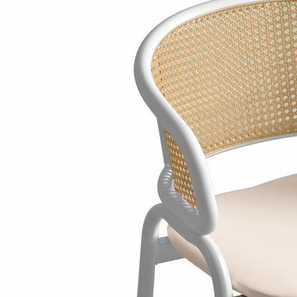 Ervilla Wicker Bar Stool with Fabric Seat and White Steel Frame - White leather