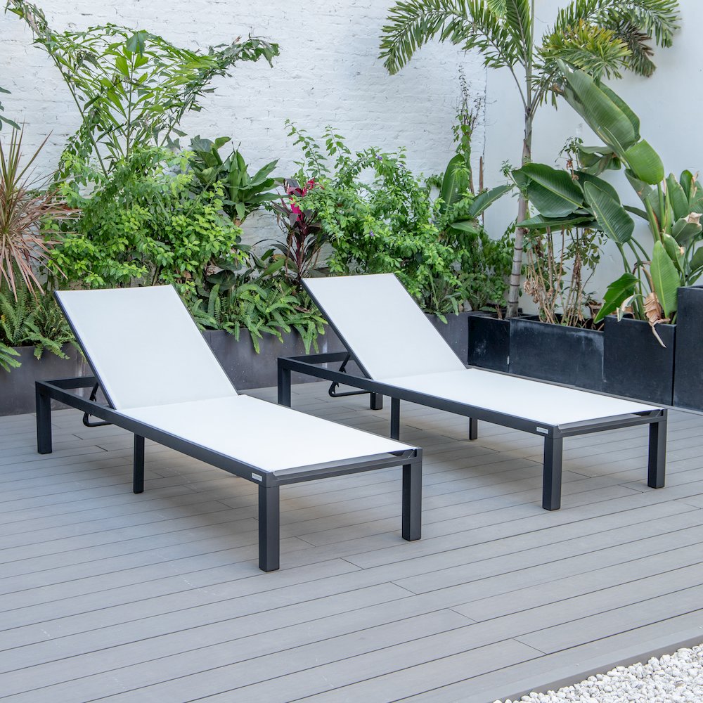 Marlin Patio Chaise Lounge Chair With Black Aluminum Frame, Set of 2 in White