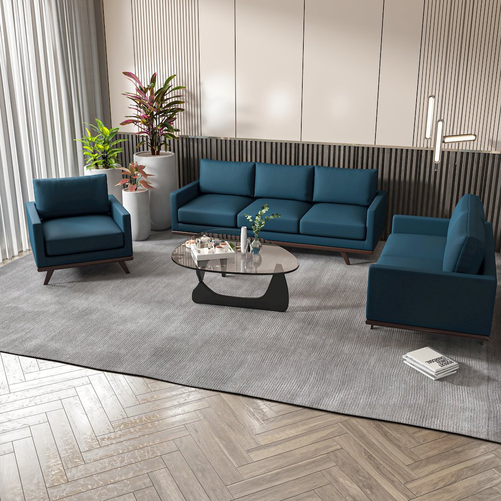 Chester 3-Piece Leather Living Room Sofa Set with Birch Wood Base Navy Blue