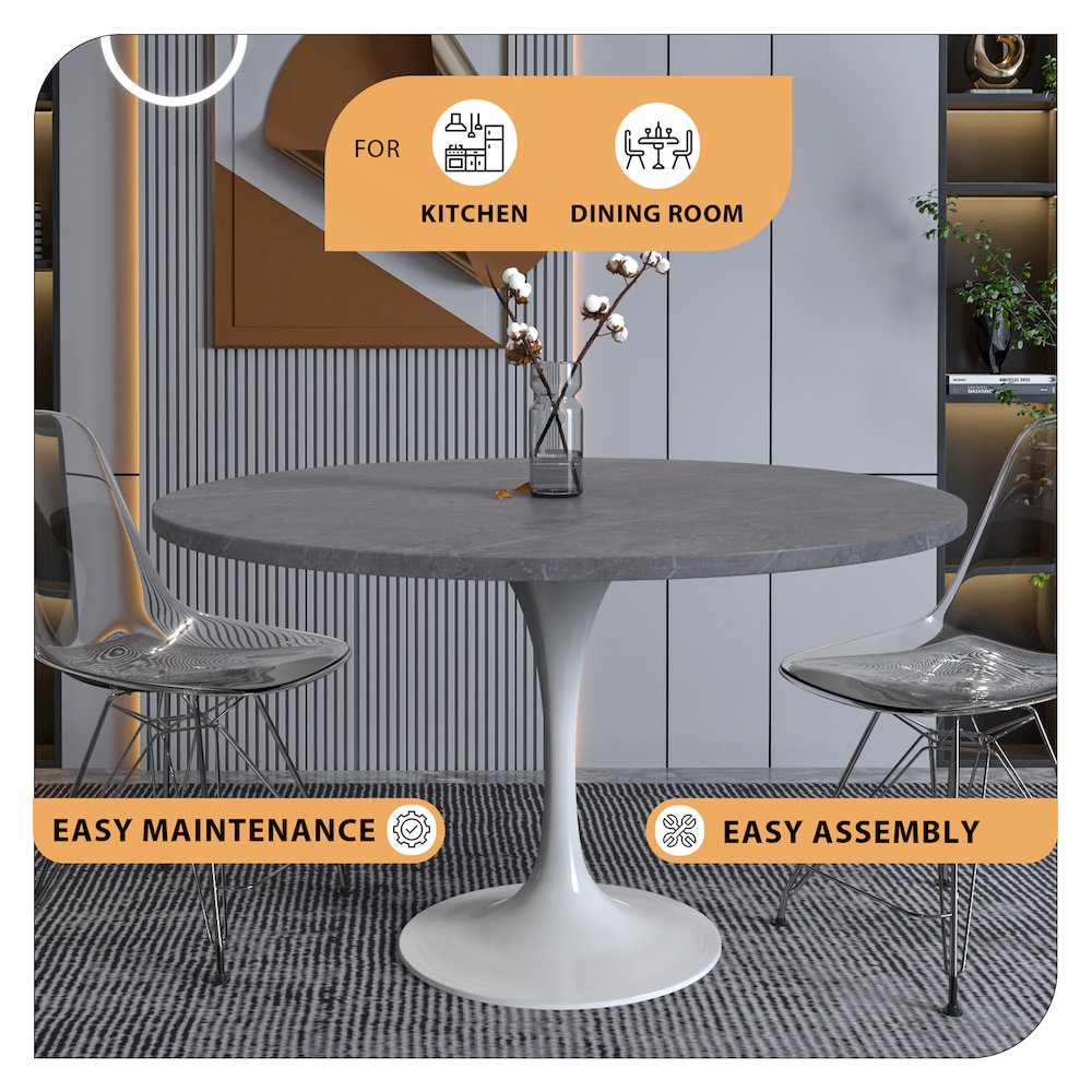 Verve Collection 48 Round Dining Table, White Base with Sintered Stone Grey Top