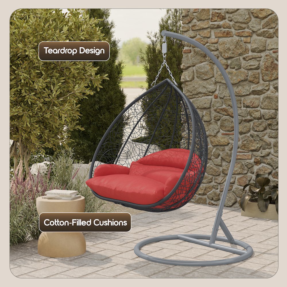 Recluse Collection Modern Outdoor Swing Chair Grey Frame with ES57 Red Cushion
