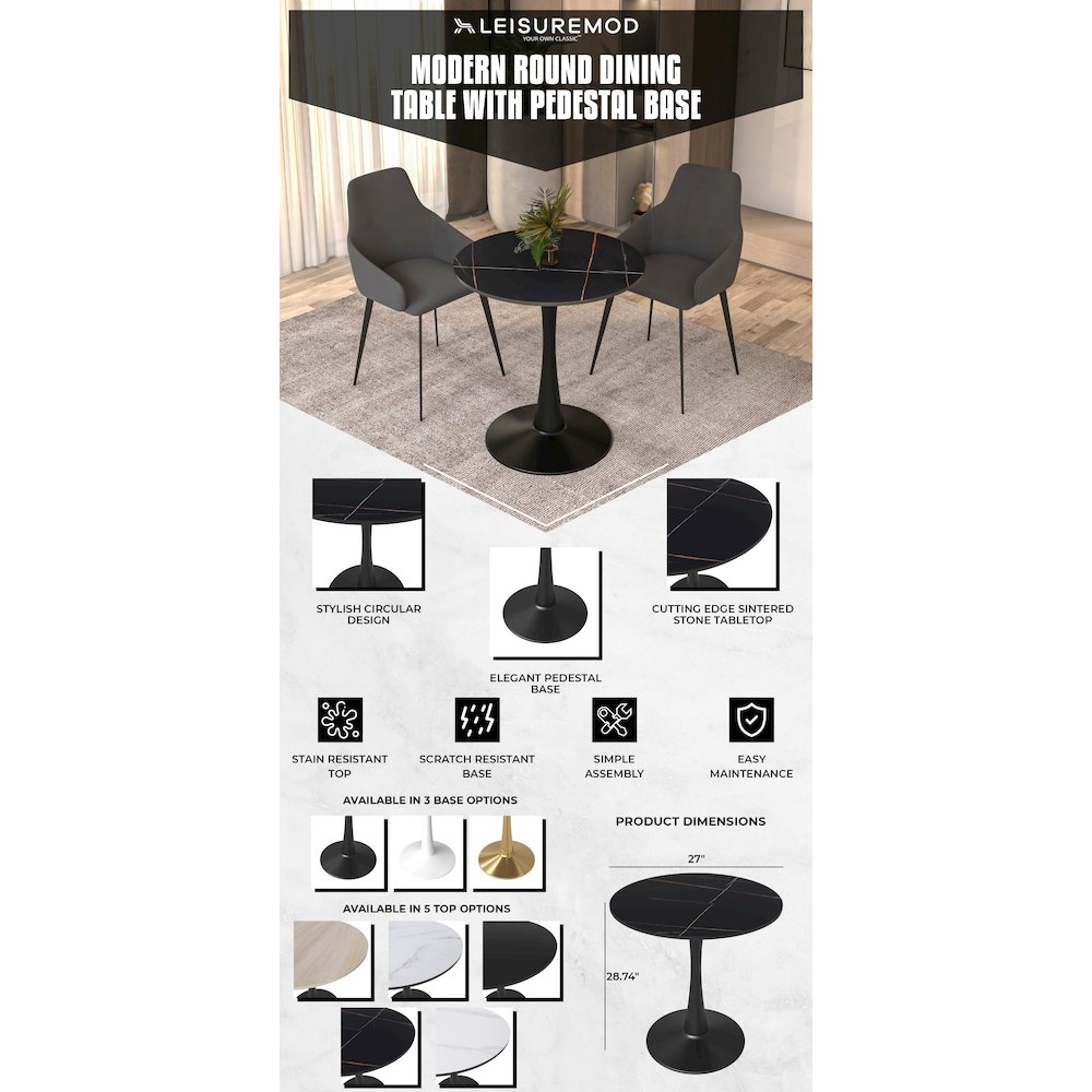 Bristol 27 round dining table Black base with Black Sintered stone Top