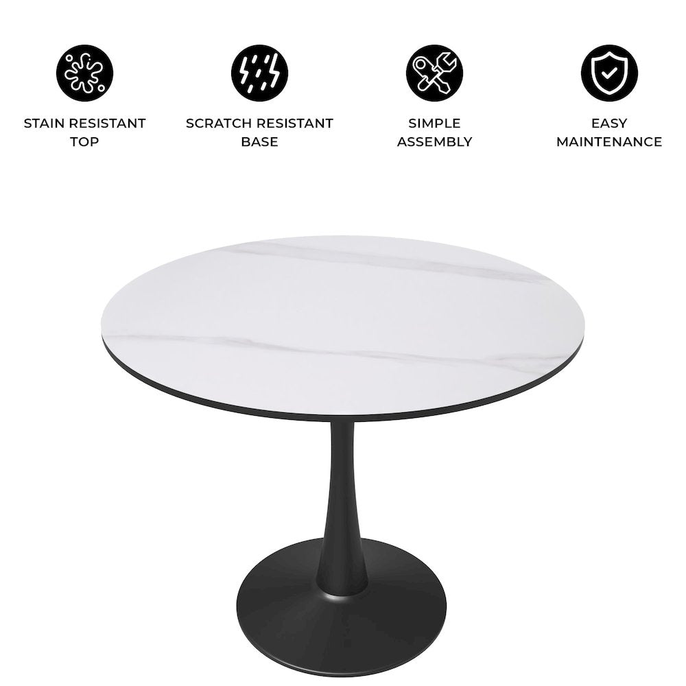 Bristol 31" round dining table Black base with White Sintered stone Top