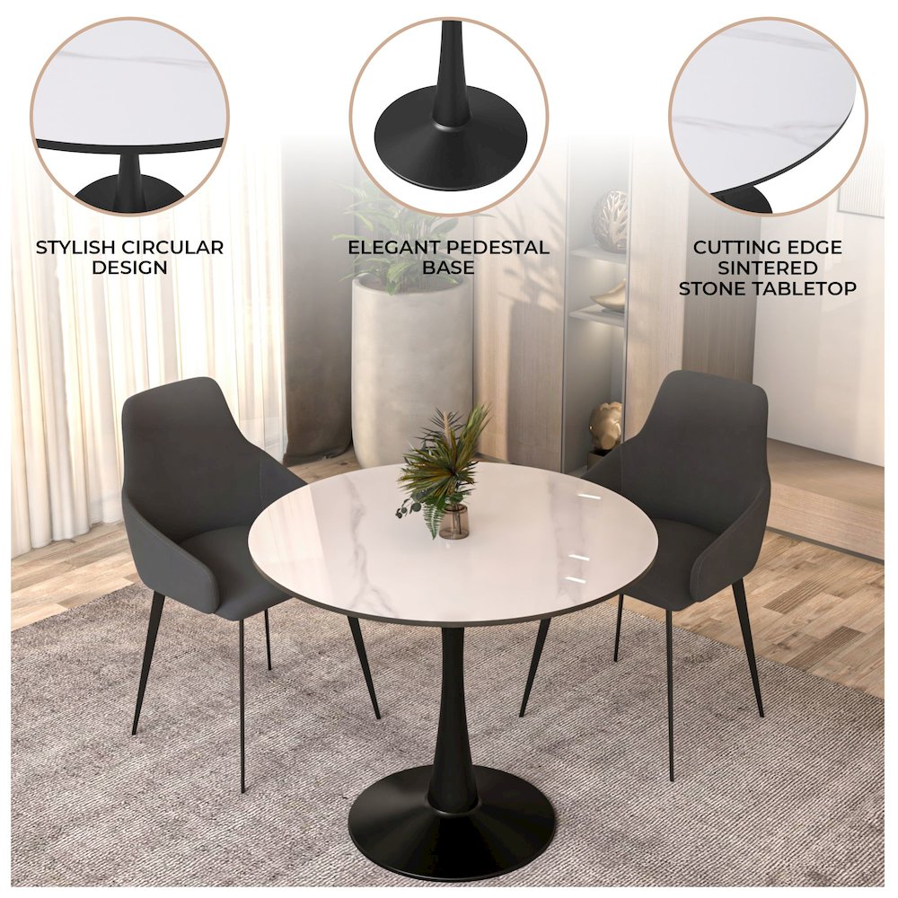 Bristol 31" round dining table Black base with White Sintered stone Top