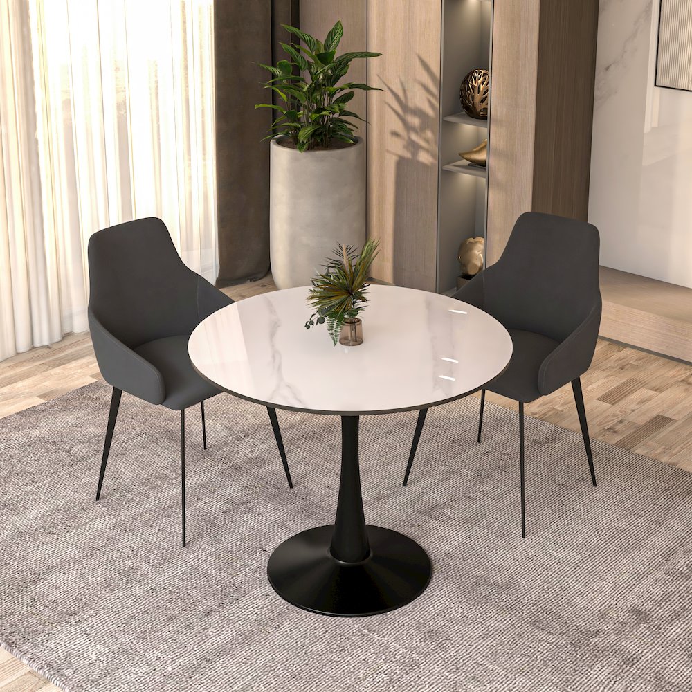 Bristol 35" round dining table Black base with White Sintered stone Top