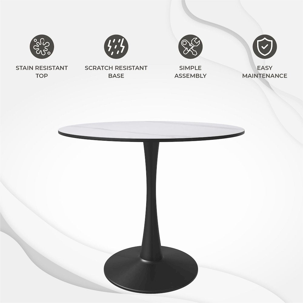 Bristol 35" round dining table Black base with White Sintered stone Top