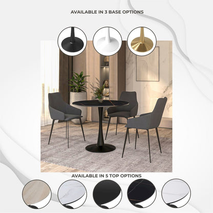 Bristol 35" round dining table Black base with White Sintered stone Top