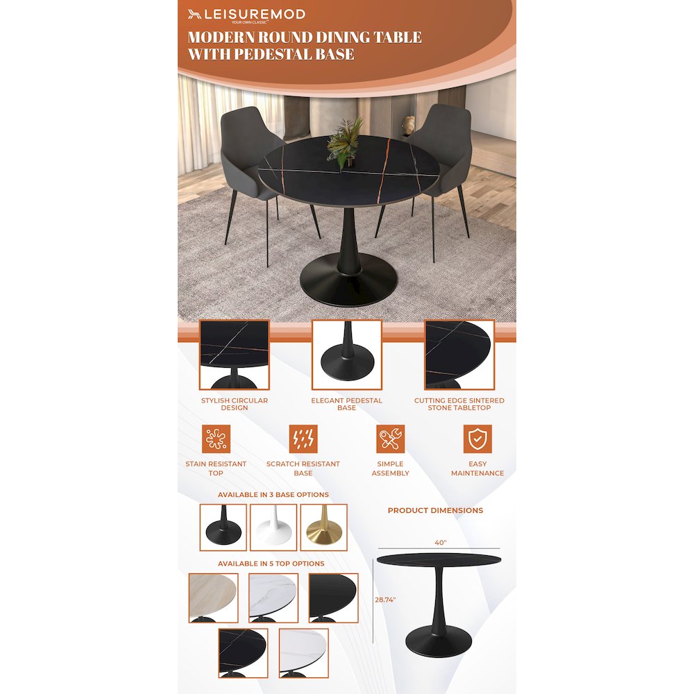 Bristol 40" round dining table Black base with Black Sintered stone Top
