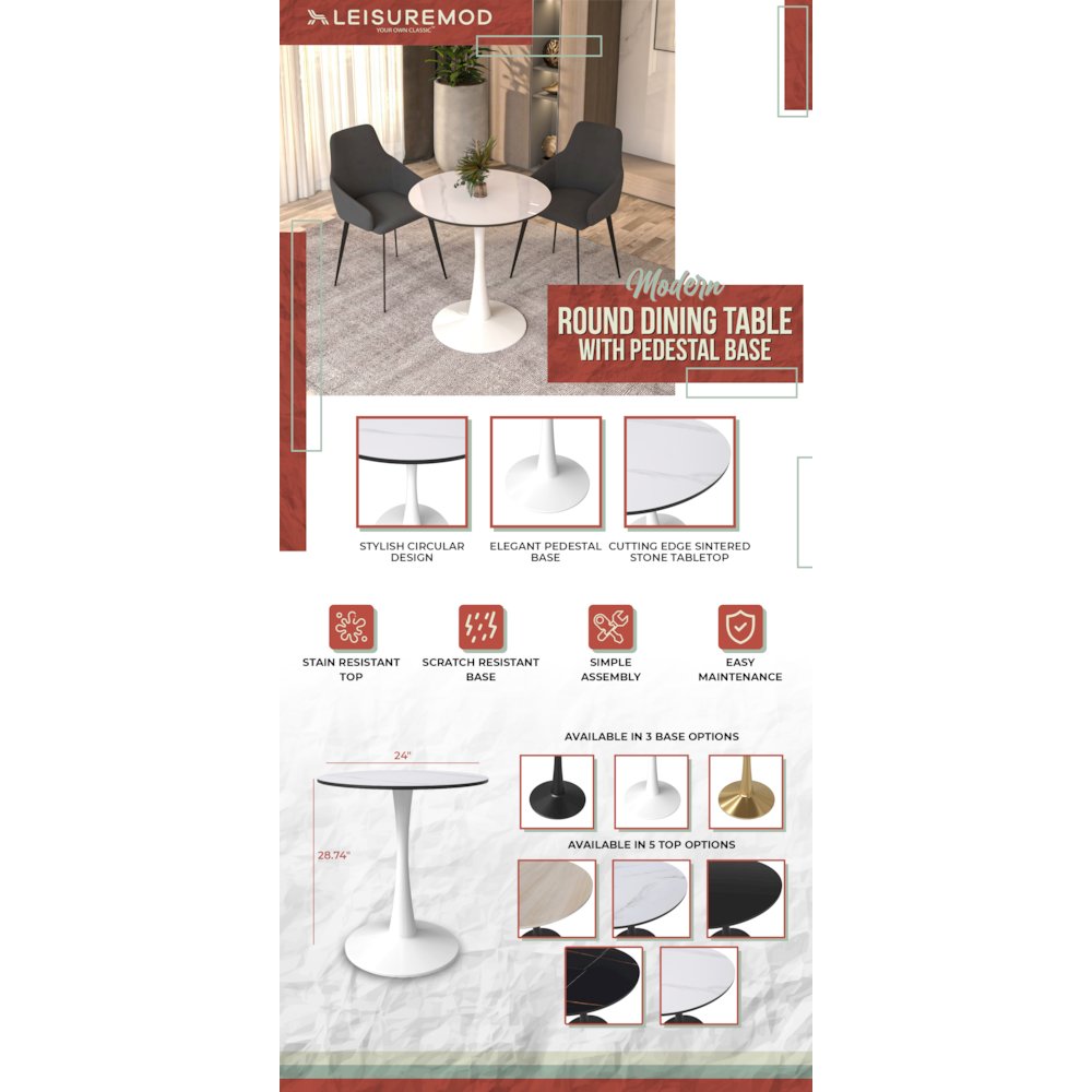 Bristol 27 round dining table White base with White Sintered stone Top