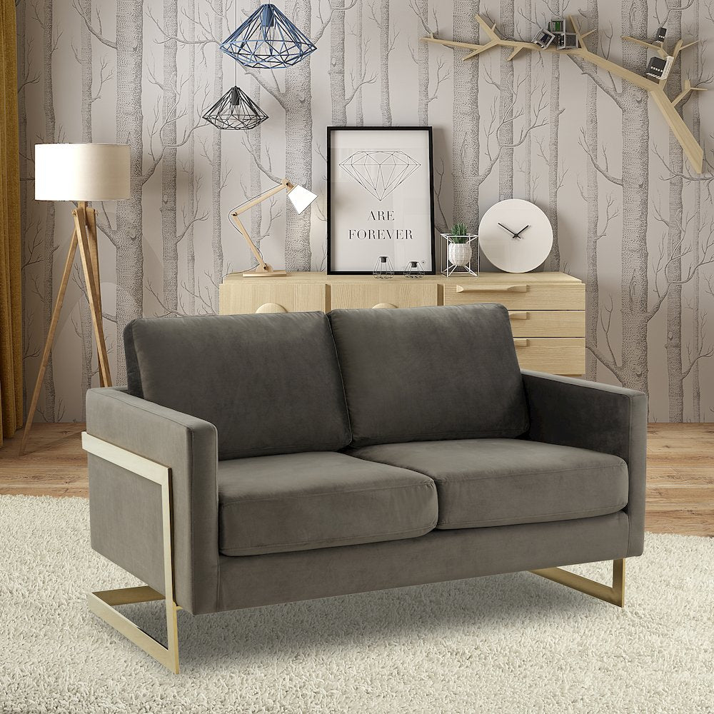 Lincoln Modern Mid-Century Upholstered Velvet Loveseat with Gold Frame