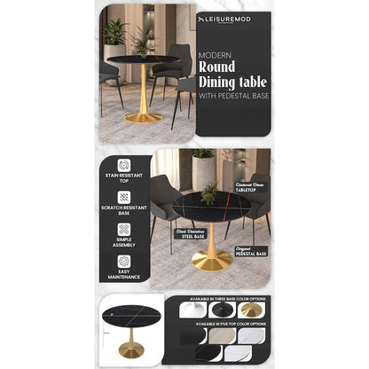 Bristol 35" round dining table Gold base with Black Sintered stone Top