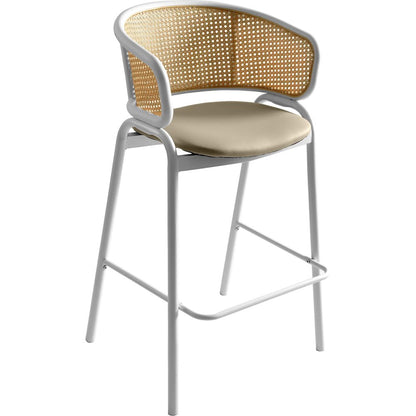 Ervilla Wicker Bar Stool with Fabric Seat and White Steel Frame - Taupe