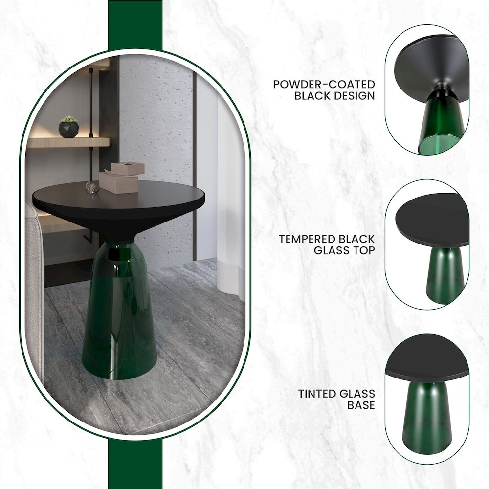 Tully Collection Glass side Table Green glass, Black Rim with Black Glass top