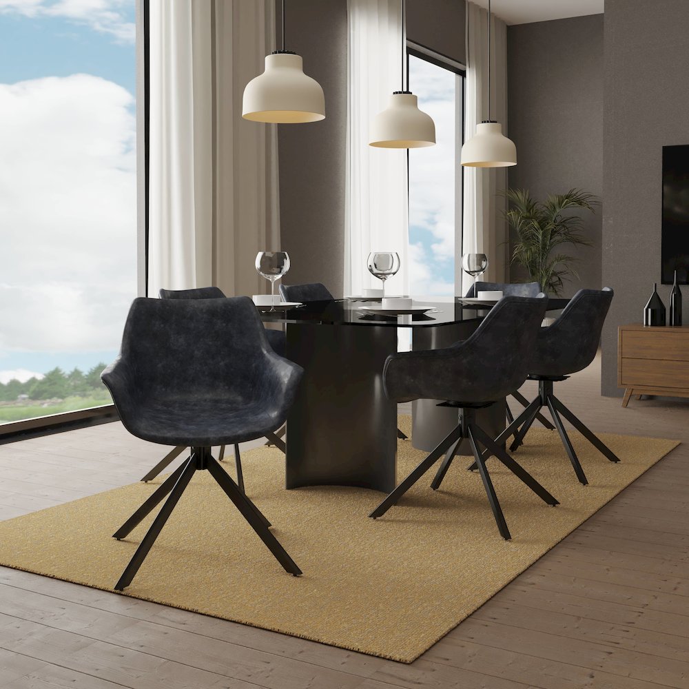 Markley Modern Leather Dining Swival Arm Chair in Black