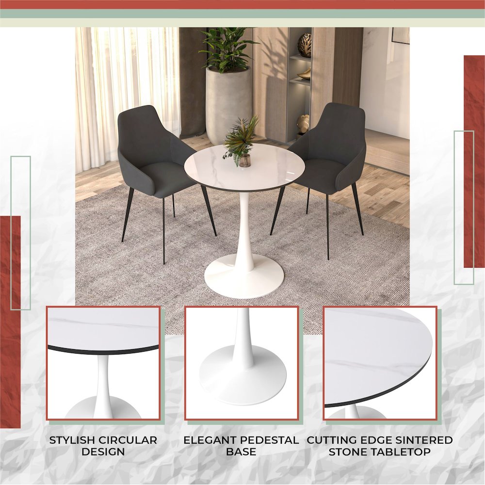 Bristol 27 round dining table White base with White Sintered stone Top