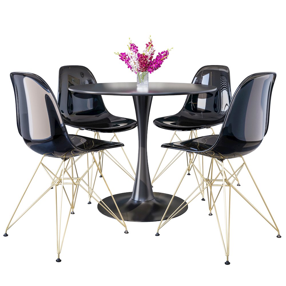 5-Piece Dining Set 35" Round Dining Table in Chrome - Transparent Black