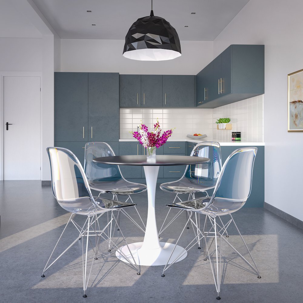 5-Piece Dining Set 35" Round Dining Table in Chrome - Clear
