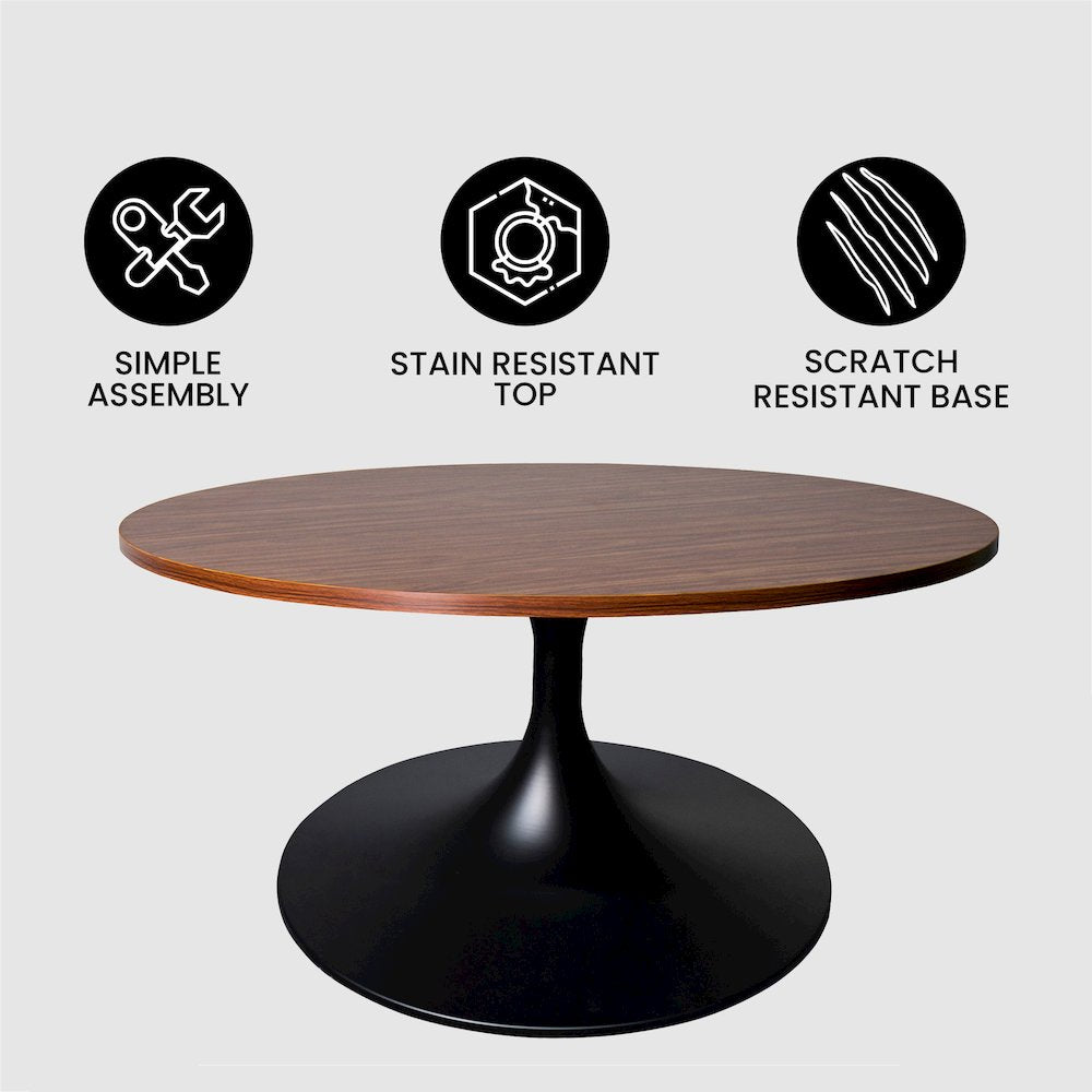 Verve Coffee Table Black base with 27" round Brown Wood MDF top