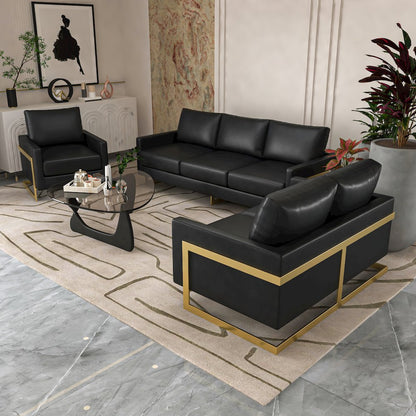 Lincoln Modern Mid-Century Upholstered Leather Sofa with Gold Frame