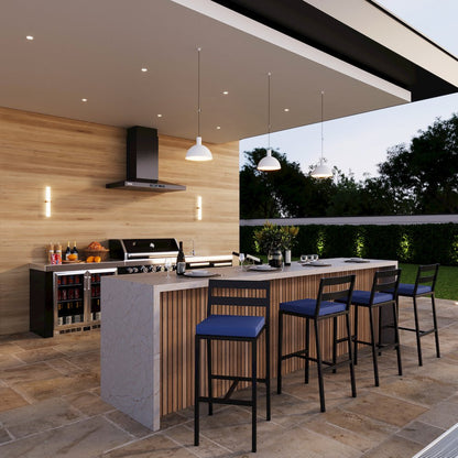 Chelsea Collection Modern Aluminum Outdoor Bar Chair in black with Blue Cushions