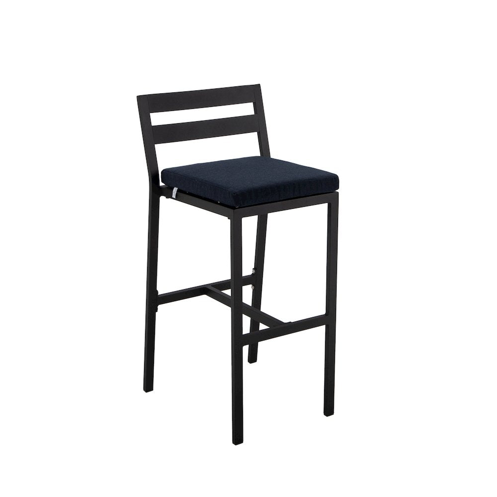 Chelsea Collection Modern Aluminum Outdoor Bar Chair in black with Blue Cushions