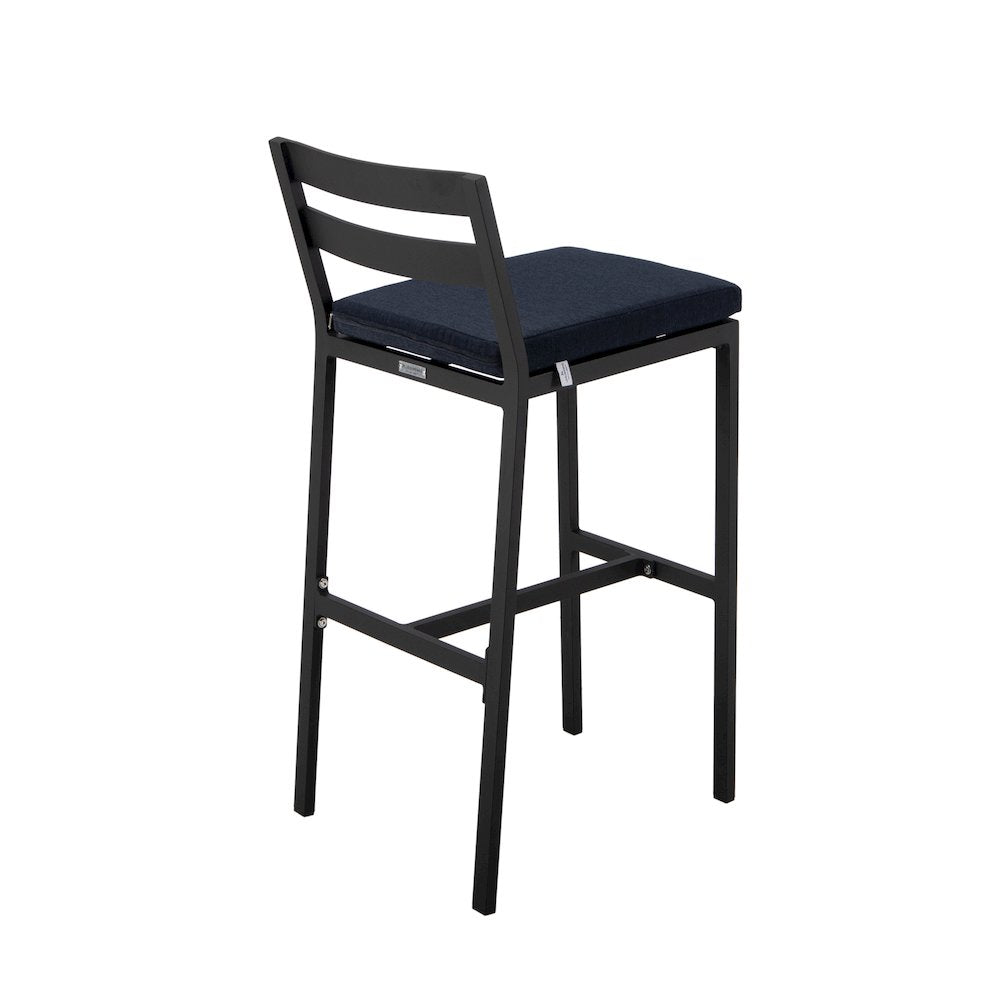 Chelsea Collection Modern Aluminum Outdoor Bar Chair in black with Blue Cushions