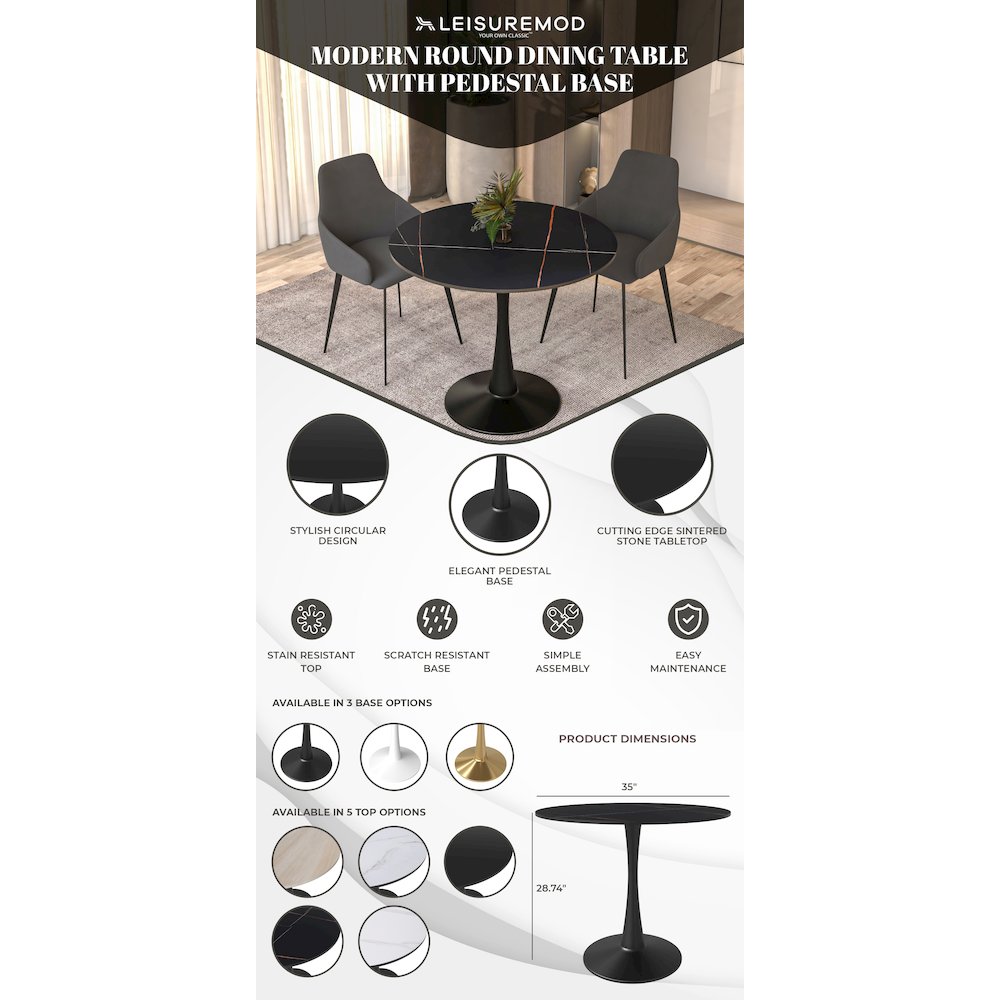 Bristol 35" round dining table Black base with Black Sintered stone Top
