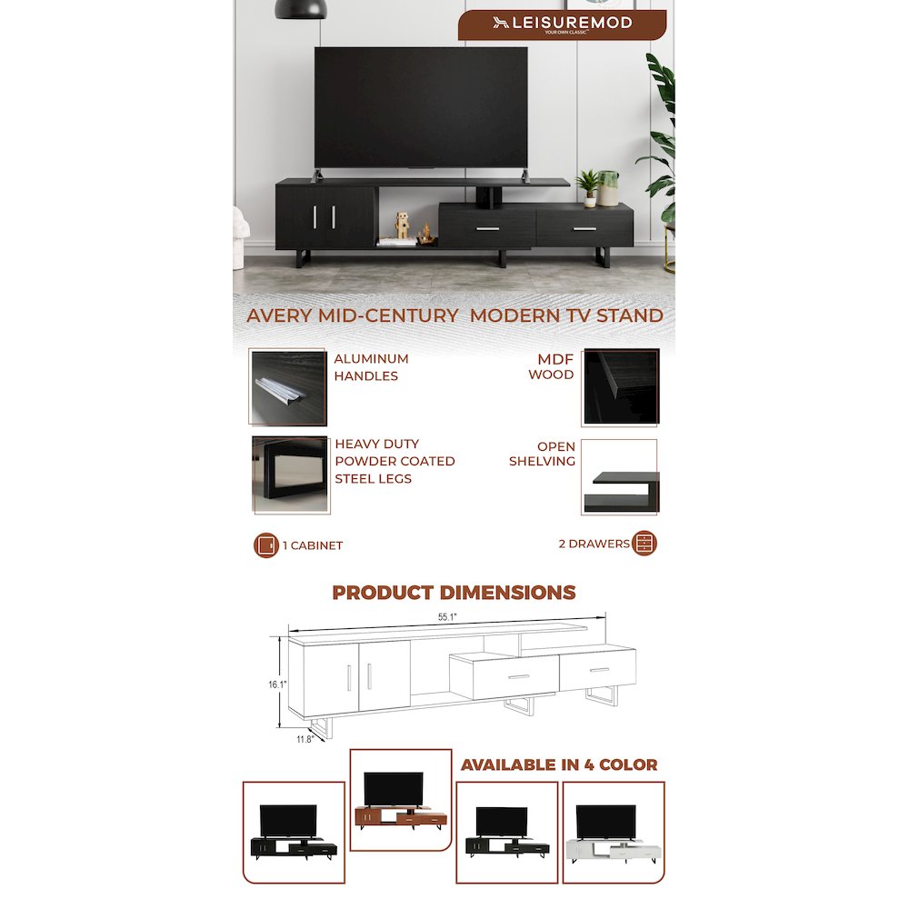 Avery Mid-Century Modern TV Stand with MDF Cabinet and Powder Coated Steel Legs