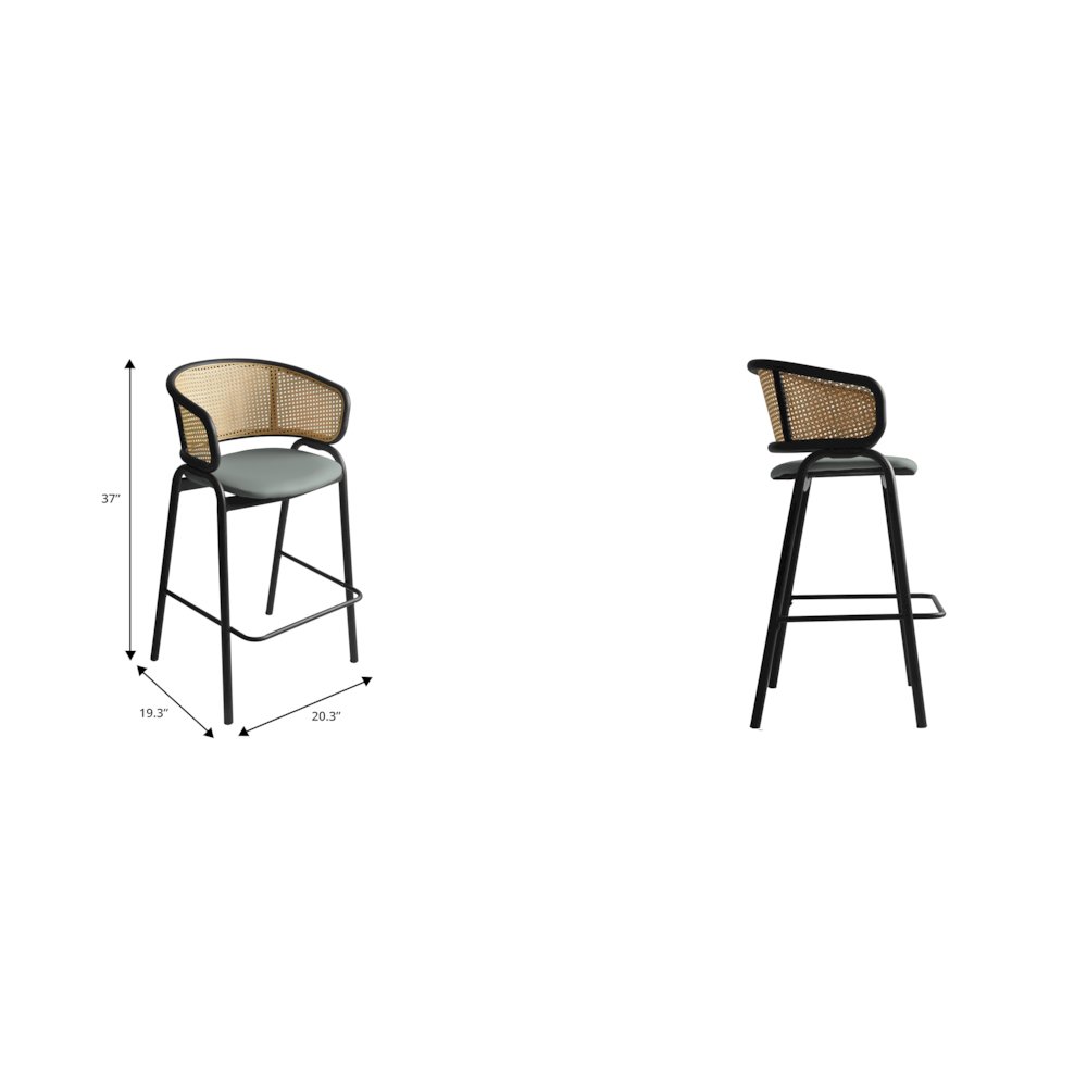 Ervilla Wicker Bar Stool with Fabric Seat and Black Steel Frame - Grey Leather