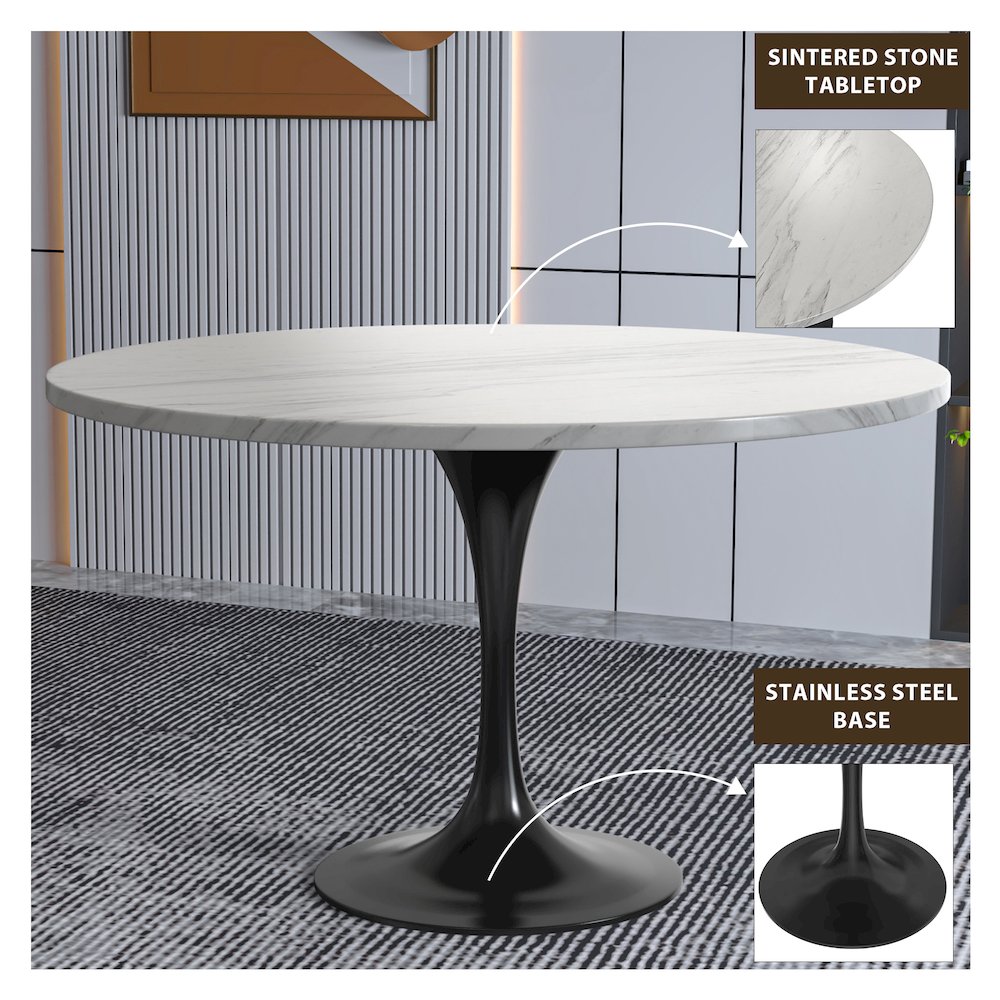 Verve Collection 48 Round Dining Table, Black Base with Sintered Stone White Top