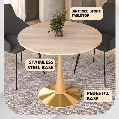 Bristol 35" Round Dining Table Gold Base with Sintered Stone Natural Wood Top