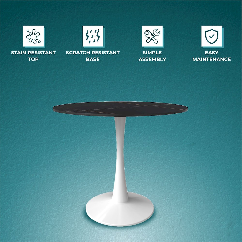 Bristol 35" round dining table White base with Black Sintered stone Top