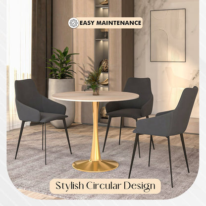 Bristol 35" Round Dining Table Gold Base with Sintered Stone Natural Wood Top