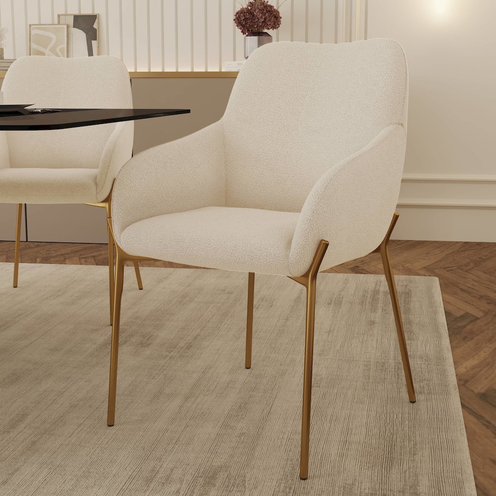 Zaire Collection Modern Dining Chair, Gold Legs and White Boucle