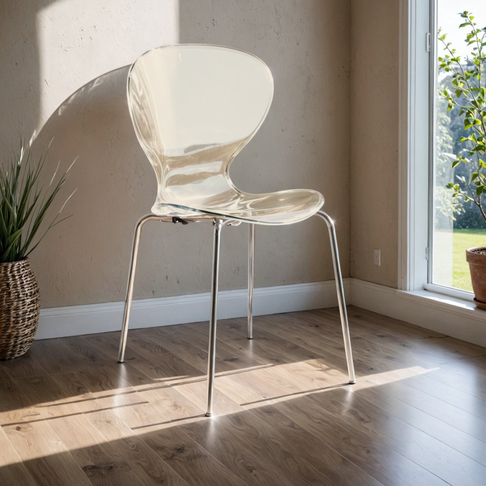 Modern Oyster Side Chair in Transparent Orange with Chromed Base