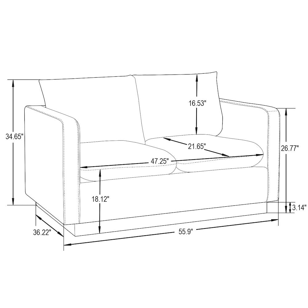 Nervo Modern Mid-Century Upholstered Leather Loveseat with Gold Frame