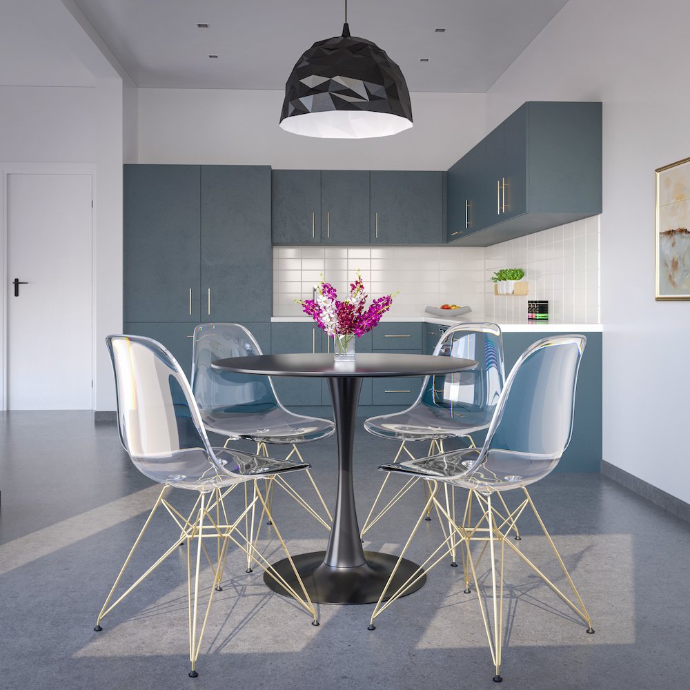 5-Piece Dining Set 35" Round Dining Table in Chrome - Clear