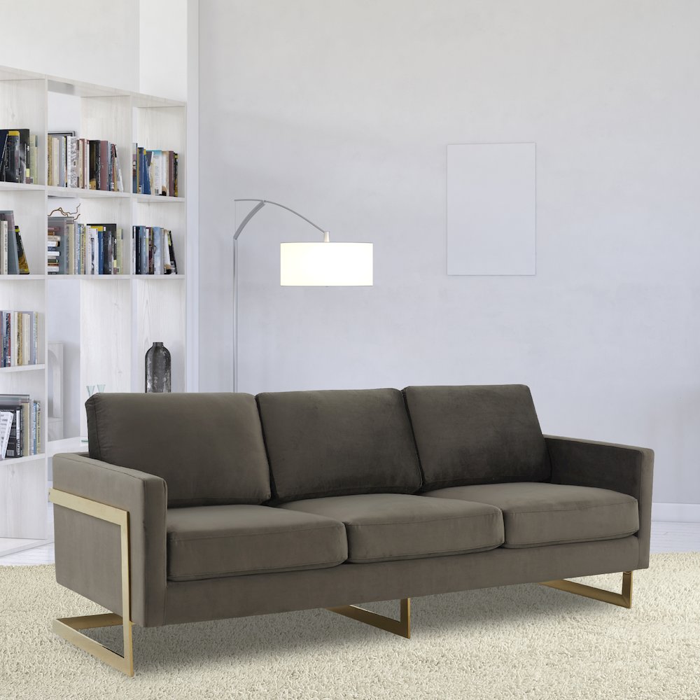 Lincoln Modern Mid-Century Upholstered Velvet Sofa with Gold Frame