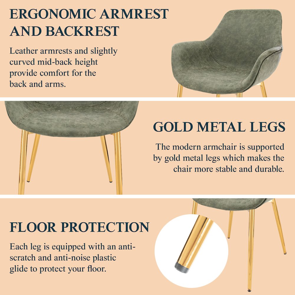 Markley Modern Leather Dining Arm Chair With Gold Metal Legs