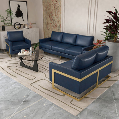 Lincoln Modern Mid-Century Upholstered Leather Sofa with Gold Frame