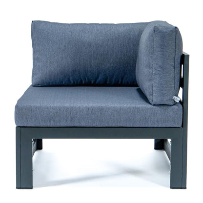 LeisureMod Chelsea 5-Piece Sectional Loveseat and Fireplace Set Black Aluminum with Cushions, Blue